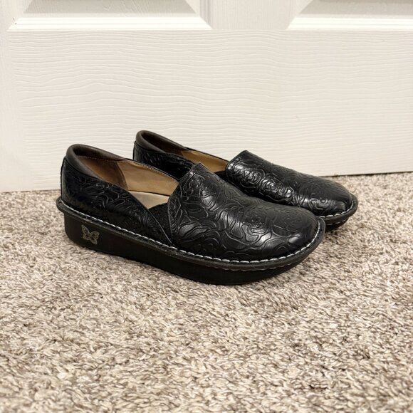 Alegria Black Leather Debra DEB-531 Floral Embossed Rose Slip On Clog Nurse 38 - Picture 2 of 7